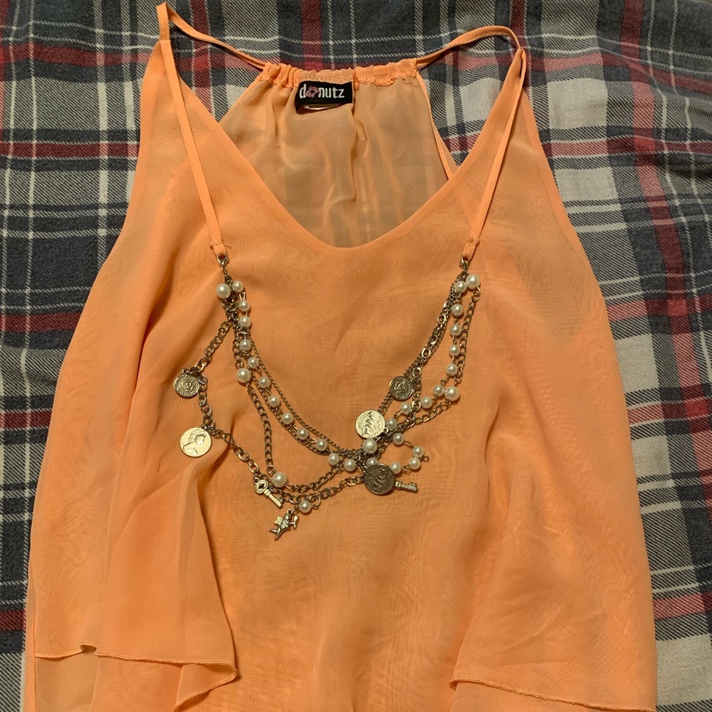 Tank top with built in pearl and charm necklace
